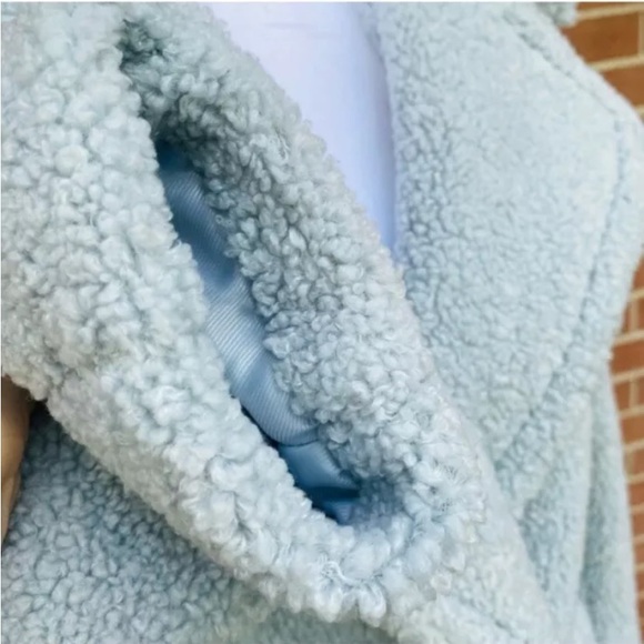 Mint Blue Double-Breasted Faux Fur Teddy Pea Coat Kensie Macy's Lined Mid-Length - Picture 9 of 12